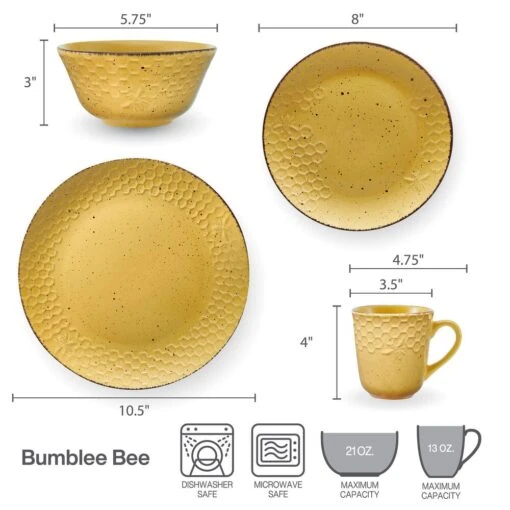 Bumble Bee Yellow 16 Piece Dinnerware Set, Service For 4 -Kitchen Supplies Store 22 0091 5286600 infographic