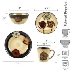 Painted Poppies 16 Piece Dinnerware Set, Service For 4 -Kitchen Supplies Store 5088128 dimensions 01