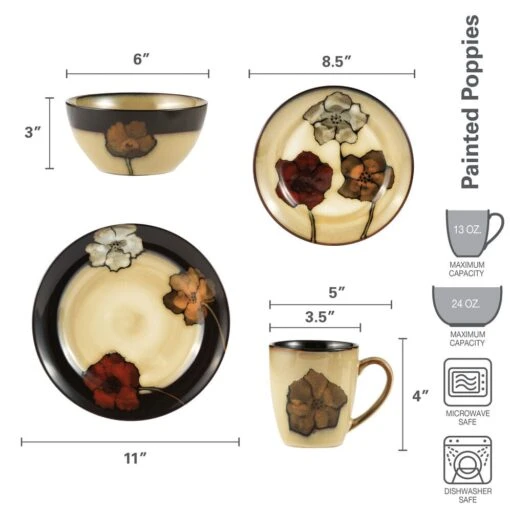 Painted Poppies 16 Piece Dinnerware Set, Service For 4 -Kitchen Supplies Store 5088128 dimensions 01