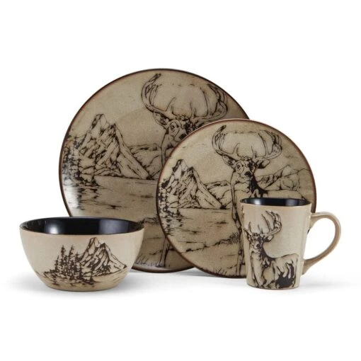 Mossy Oak Animal Print 16 Piece Dinnerware Set, Service For 4 -Kitchen Supplies Store 5138758 4pc Deer onWhite