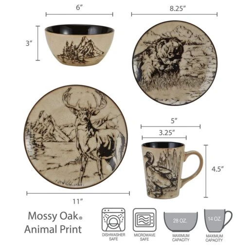 Mossy Oak Animal Print 16 Piece Dinnerware Set, Service For 4 -Kitchen Supplies Store 5138758 dimensions