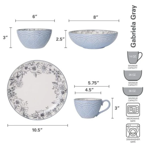 Gabriela Gray 16 Piece Dinnerware Set, Service For 4 -Kitchen Supplies Store 5216945 dimensions