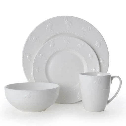 Flamingo White 16 Piece Dinnerware Set, Service For 4 -Kitchen Supplies Store 5268036 3Q