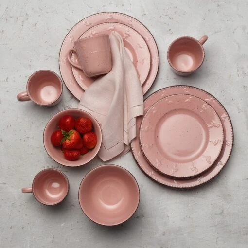 Flamingo Pink 16 Piece Dinnerware Set, Service For 4 -Kitchen Supplies Store 5274259 PFZ Flamingo Pink Top Down Lifestyle