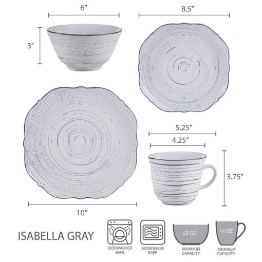 Isabella Gray 16 Piece Dinnerware Set, Service For 4 -Kitchen Supplies Store 5280759 dimensions