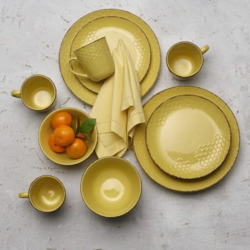 Bumble Bee Yellow 16 Piece Dinnerware Set, Service For 4 -Kitchen Supplies Store 5286600 PFZ Bumble Bee Top Down Lifestyle