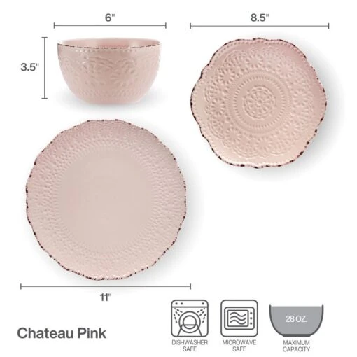 Chateau Pink 12 Piece Dinnerware Set, Service For 4 -Kitchen Supplies Store 5296079 PFZ Chateau Pink 3pc Set Infographic