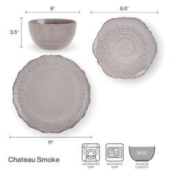 Chateau Smoke 12 Piece Dinnerware Set, Service For 4 -Kitchen Supplies Store 5296080 PFZ Chateau Smoke 3pc Set Infographic