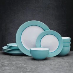 Grayson Teal 12 Piece Dinnerware Set, Service For 4 -Kitchen Supplies Store 5296690 GraysonTeal 12pc lifestyle frontview