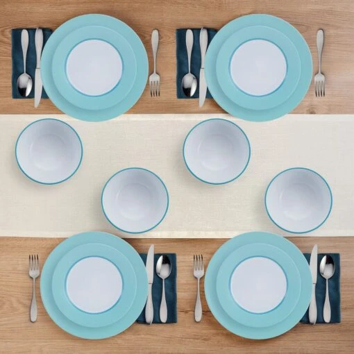 Grayson Teal 12 Piece Dinnerware Set, Service For 4 -Kitchen Supplies Store 5296690 GraysonTeal 12pc lifestyle topview