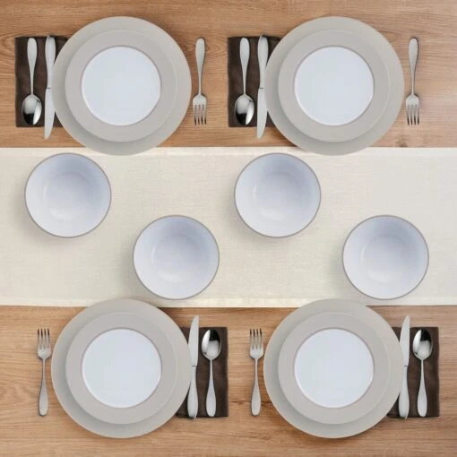 Grayson Taupe 12 Piece Dinnerware Set, Service For 4 -Kitchen Supplies Store 5296694 GraysonTaupe 12pc lifestyle topview