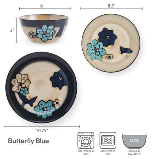 Painted Butterfly Blue 12 Piece Dinnerware Set, Service For 4 -Kitchen Supplies Store 5296888 PFZ Painted Butterfly Dims Infographic 1