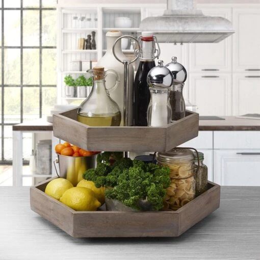 Hexagon 2 Tiered Mango Wood Serve Tray -Kitchen Supplies Store hexagon 2 tier mango wood serve tray 5277414 2