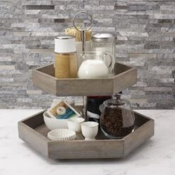 Hexagon 2 Tiered Mango Wood Serve Tray -Kitchen Supplies Store hexagon 2 tier mango wood serve tray 5277414 3